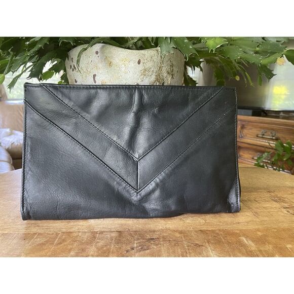 Vintage Black Genuine Leather Chevron Foldover Clutch Bag 13.5” Made in China - Picture 1 of 8